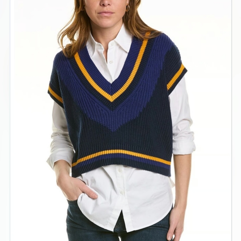 NEW 525 AMERICA Varsity Crop Vest In Blue Knit gold navy